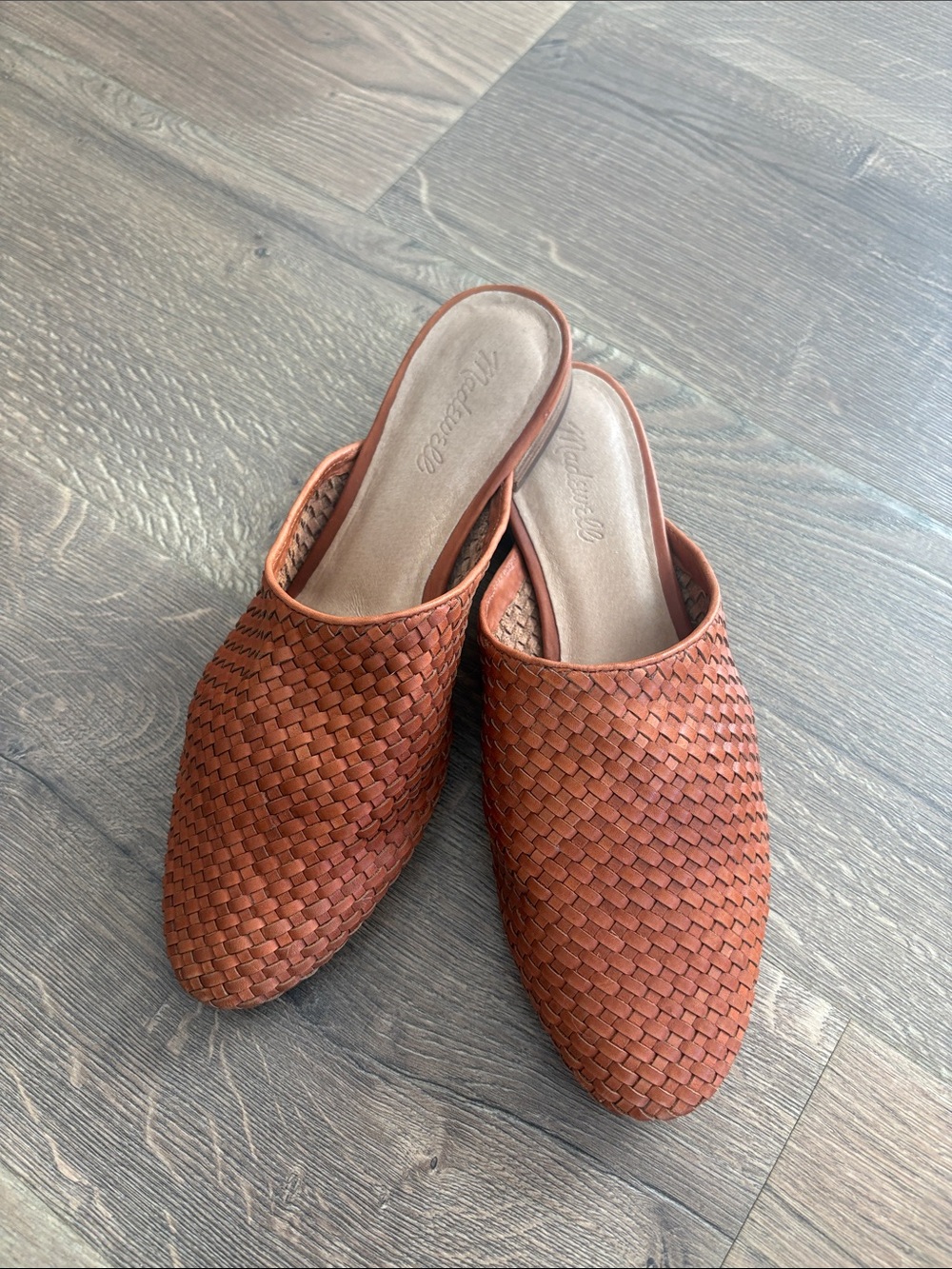 Madewell Woven Leather Slip-On Mules in Cognac Brown